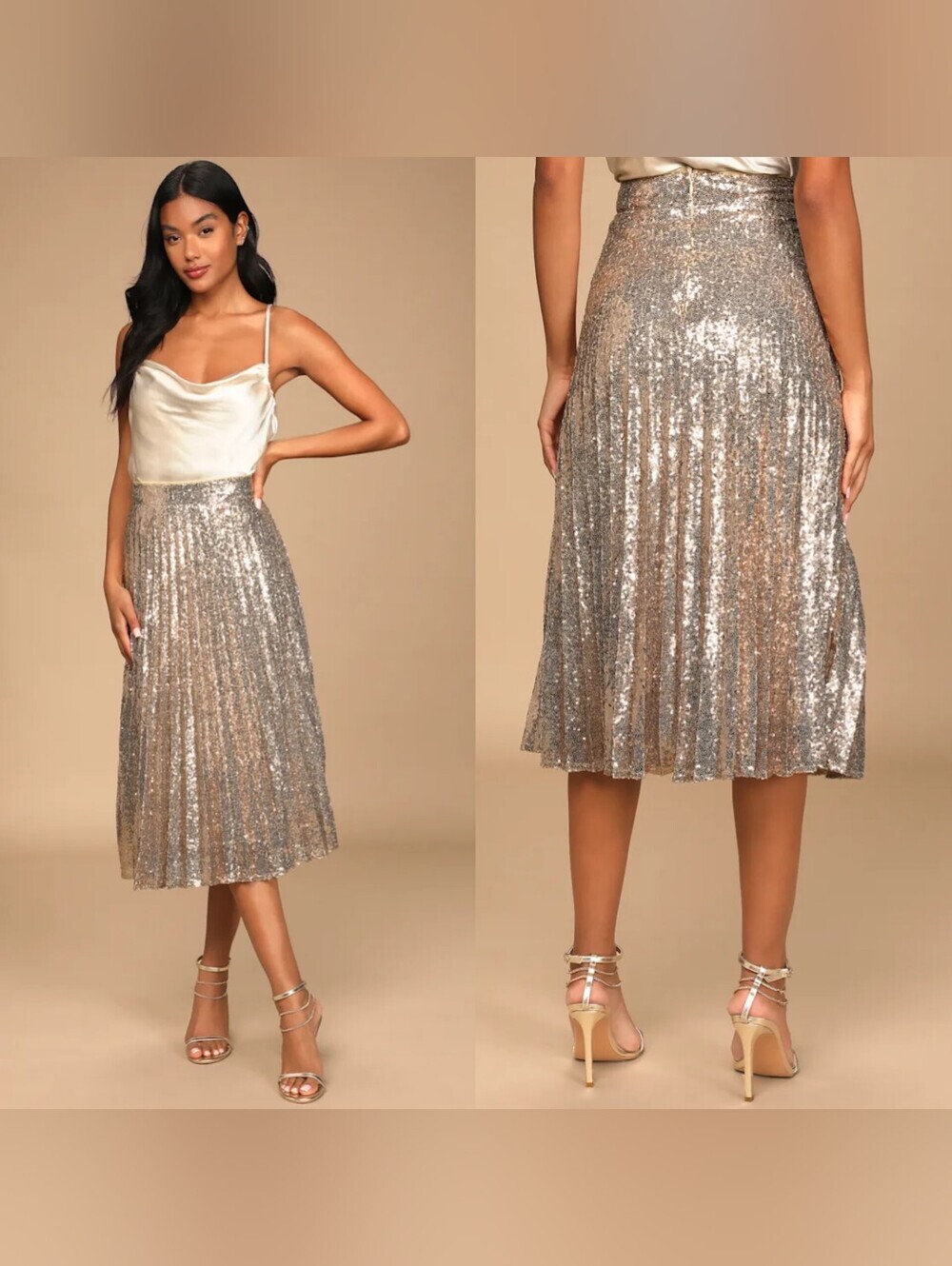 Lulus Glamorous Occasion Rose Gold Sequin Pleated Midi Skirt S Wedding Party